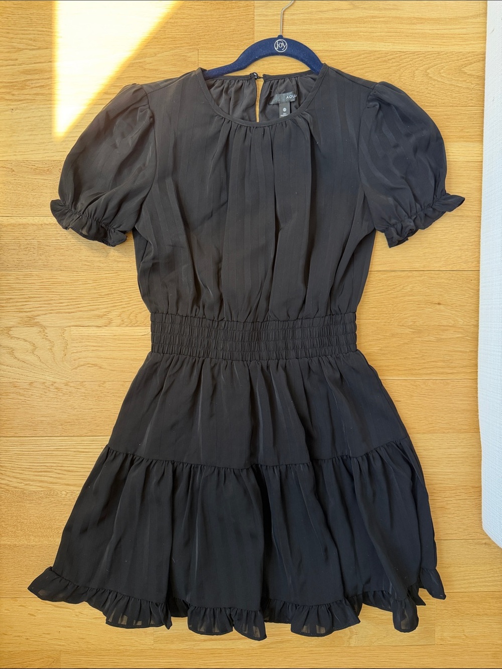 Aqua Black Smocked-Waist Short Sleeve Dress